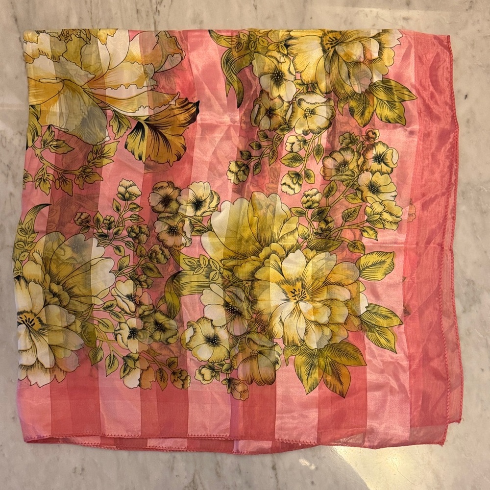 Floral Pink Silk-Feel Scarf with Yellow Bloom Print